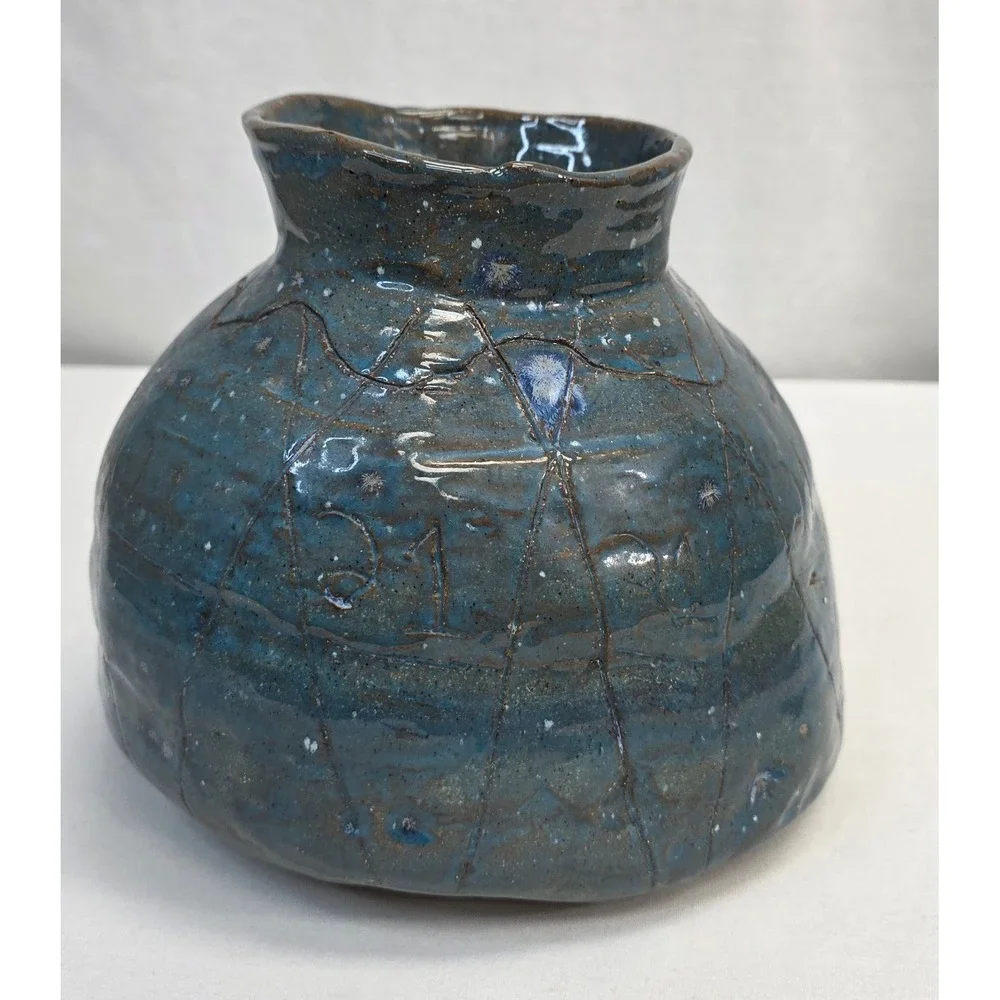 Studio Pottery Blue Glazed Ceramic Vase Handcrafted Etched Geometric Vessel